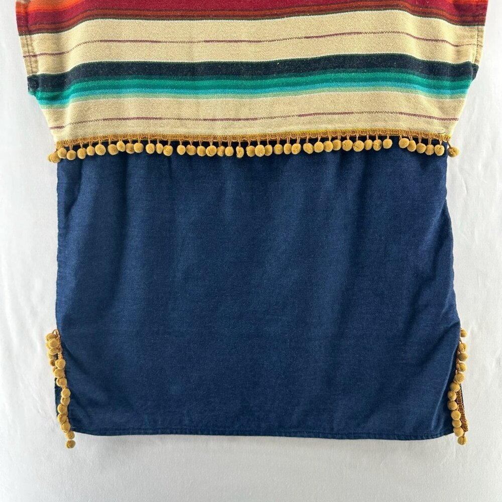 Silverado Southwestern Top Womens XS Boho Piper Pom Pom Trim Serape Striped Blue - Picture 6 of 9